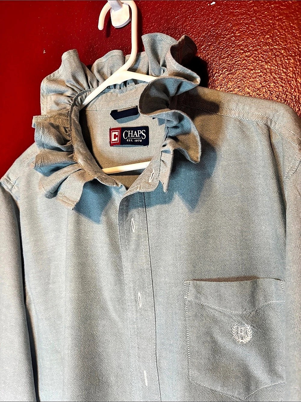 Sage Green Chaps Ruffle Collar Shirt XLT